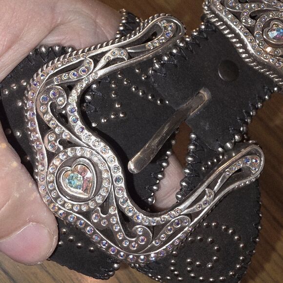 TONY LAMA Sz 34 NWOT Rhinestone Heart Buckle Silver Studs Leather Western Belt main image 14